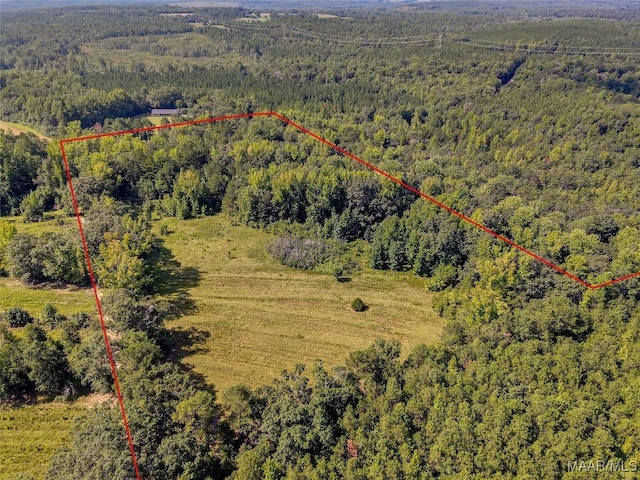 drone / aerial view featuring a wooded view