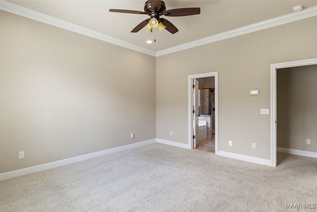 unfurnished bedroom with ceiling fan, light carpet, connected bathroom, and ornamental molding