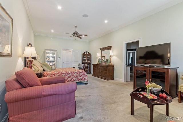 bedroom with recessed lighting, light carpet, crown molding, and baseboards