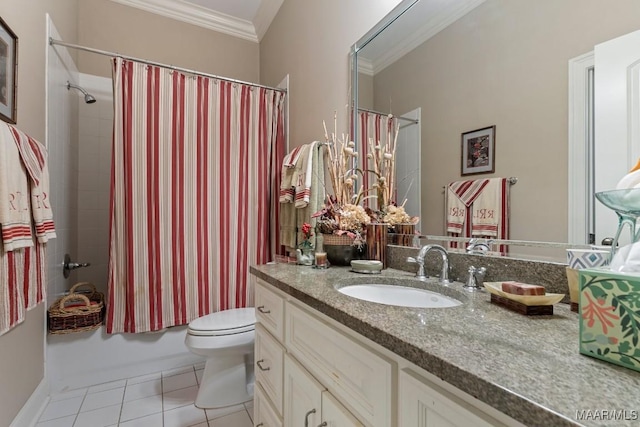 bathroom with shower / tub combo with curtain, toilet, ornamental molding, vanity, and tile patterned floors