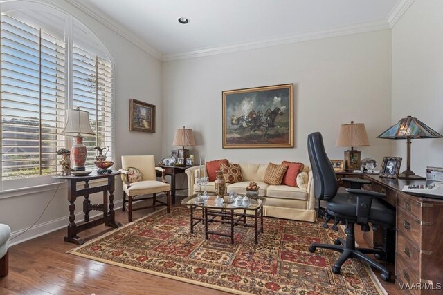 office area with hardwood / wood-style flooring and ornamental molding