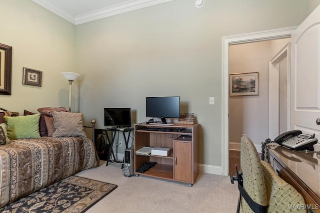 bedroom with baseboards, ornamental molding, and light colored carpet