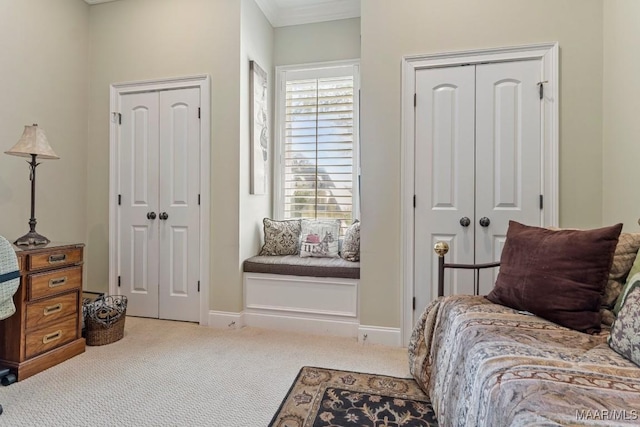 carpeted bedroom featuring multiple closets, ornamental molding, and baseboards