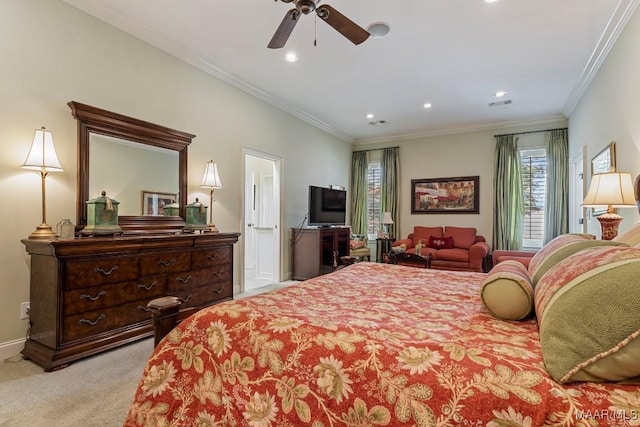 bedroom featuring recessed lighting, carpet floors, visible vents, baseboards, and ornamental molding