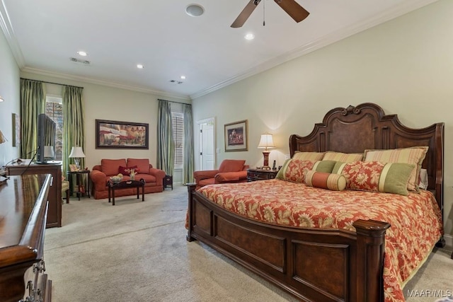 bedroom featuring crown molding, recessed lighting, visible vents, and light colored carpet