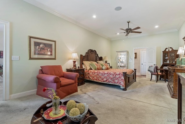 bedroom featuring light carpet, baseboards, ceiling fan, ornamental molding, and recessed lighting