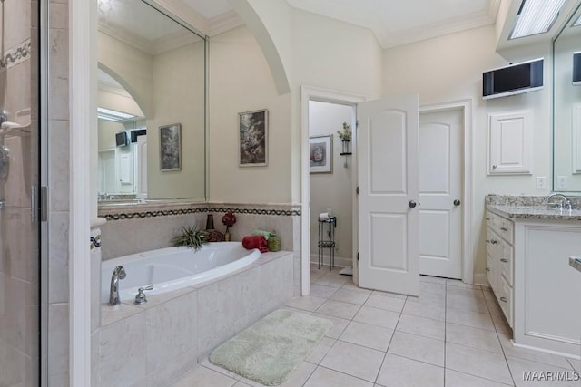 full bathroom with a garden tub, ornamental molding, a shower with shower door, vanity, and tile patterned floors