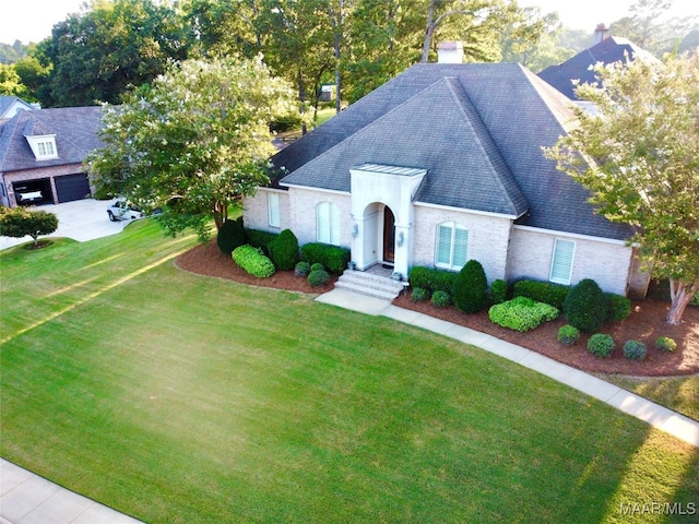 view of front of home with a garage and a front lawn