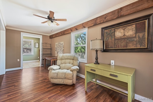 sitting room featuring ceiling fan, hardwood / wood-style floors, and crown molding