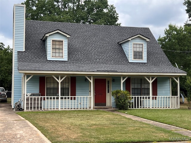 cape cod home with a front yard and covered porch