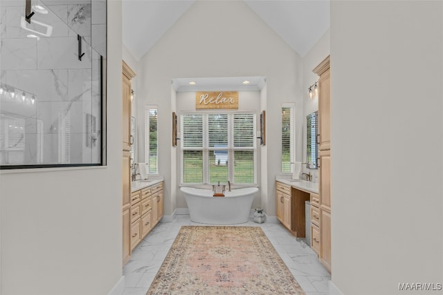 bathroom featuring tile patterned flooring, high vaulted ceiling, independent shower and bath, and vanity