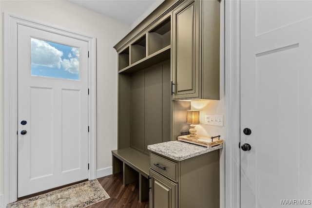 mudroom featuring dark wood-type flooring