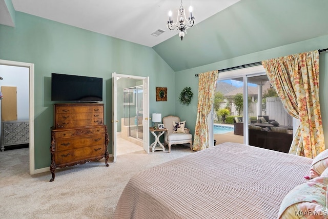 carpeted bedroom with vaulted ceiling, access to outside, and an inviting chandelier