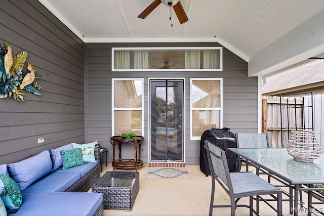 view of patio featuring an outdoor living space and ceiling fan