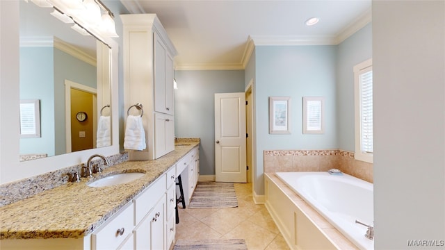 bathroom with tile patterned flooring, a healthy amount of sunlight, vanity, and ornamental molding