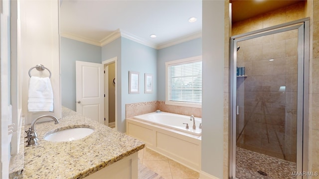 bathroom with crown molding, tile patterned flooring, vanity, and shower with separate bathtub