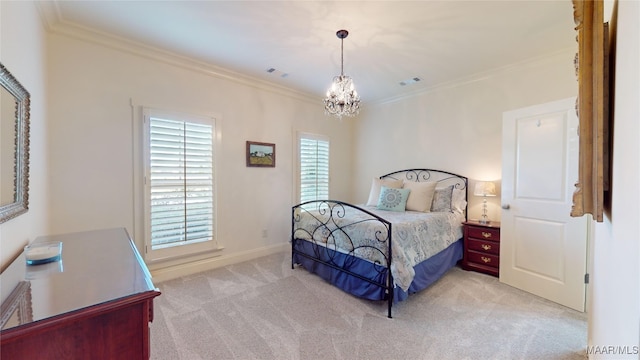 bedroom featuring light carpet, a chandelier, and crown molding