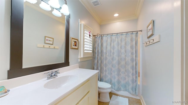 full bathroom featuring toilet, vanity, shower / tub combo with curtain, and crown molding