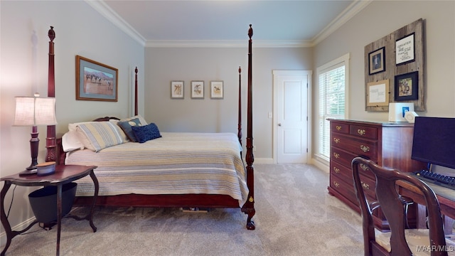 carpeted bedroom featuring crown molding