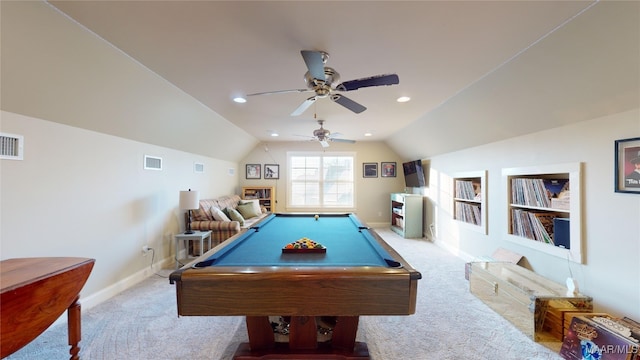 game room featuring built in shelves, light colored carpet, vaulted ceiling, and pool table