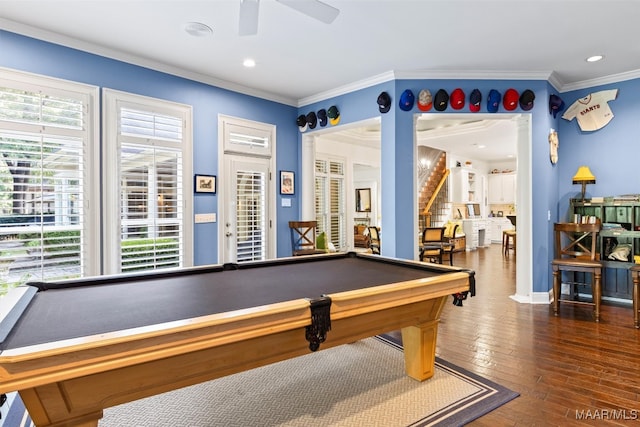 playroom featuring plenty of natural light, ceiling fan, pool table, and dark hardwood / wood-style flooring