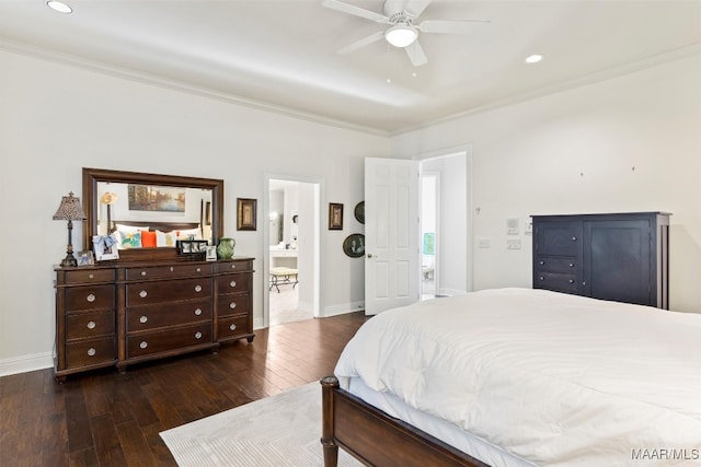 bedroom with dark wood-type flooring, ceiling fan, crown molding, and ensuite bath