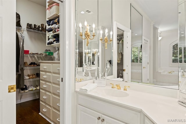 bathroom featuring hardwood / wood-style flooring, a wealth of natural light, and vanity