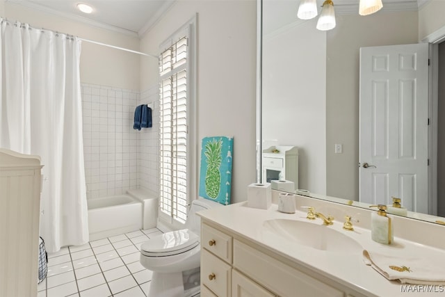 full bathroom with tile patterned flooring, crown molding, toilet, shower / bath combo with shower curtain, and vanity