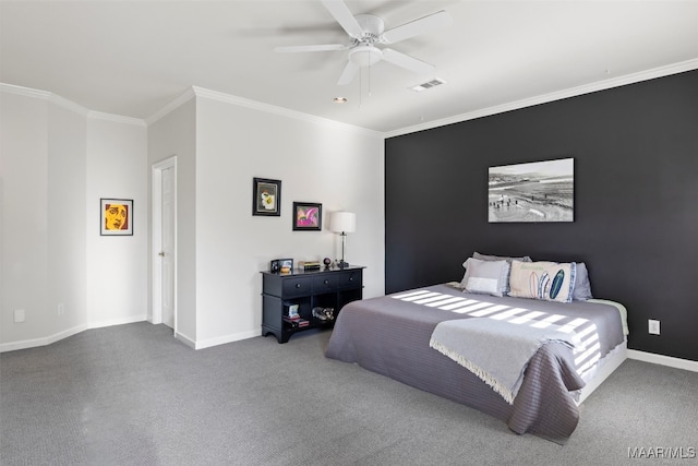 bedroom featuring ornamental molding and ceiling fan