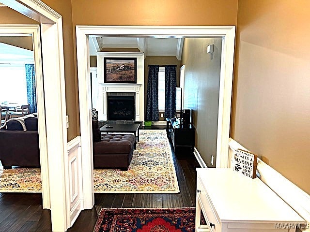 interior space featuring ornamental molding and dark hardwood / wood-style floors