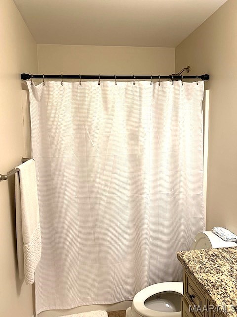 bathroom featuring vanity, toilet, and a shower with curtain