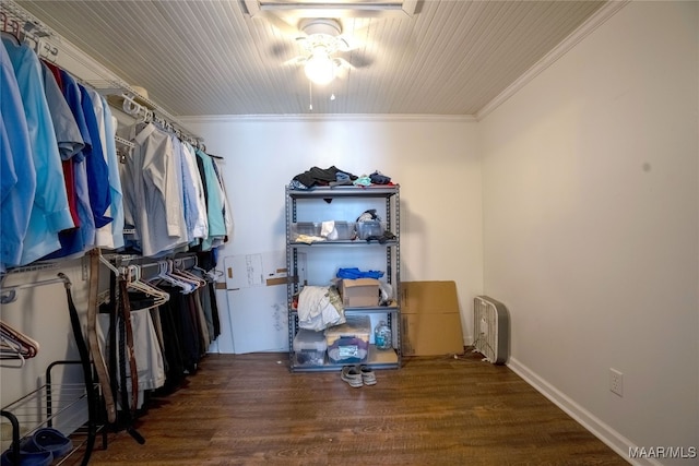 spacious closet with ceiling fan and dark hardwood / wood-style flooring