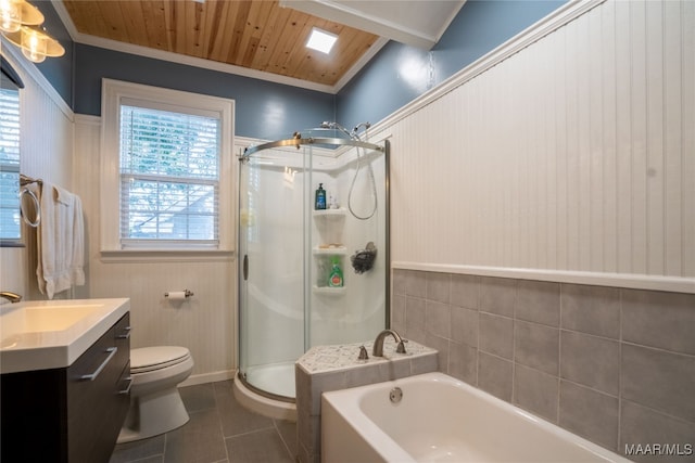 full bathroom with tile patterned floors, toilet, independent shower and bath, wooden ceiling, and vanity