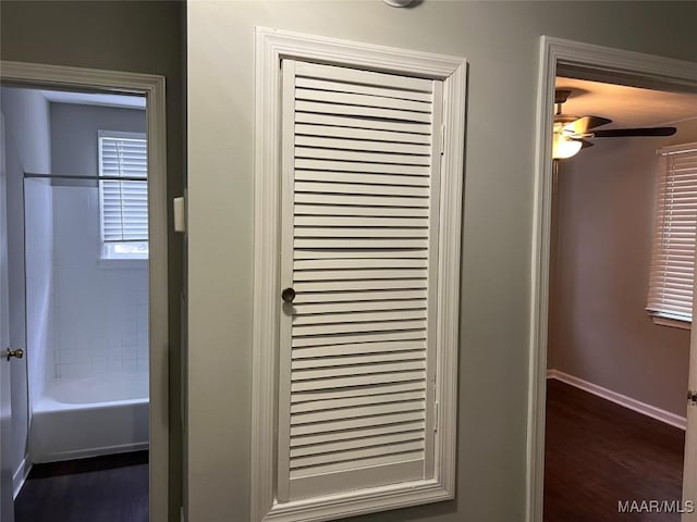 details with hardwood / wood-style flooring and ceiling fan