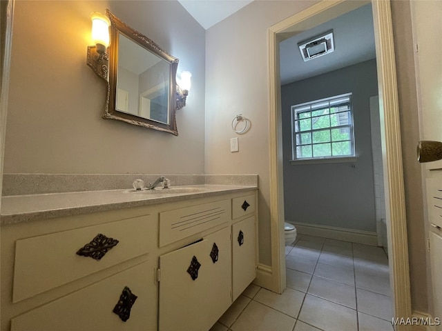 bathroom with tile patterned flooring, toilet, and vanity