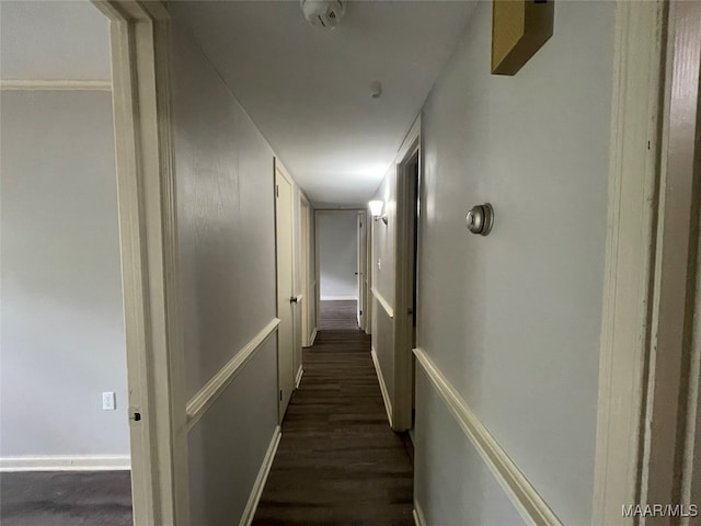 hallway with dark hardwood / wood-style flooring