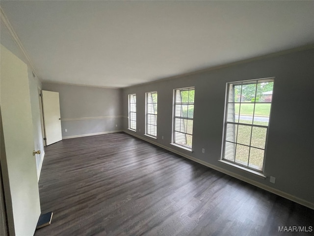 empty room featuring ornamental molding and dark hardwood / wood-style floors