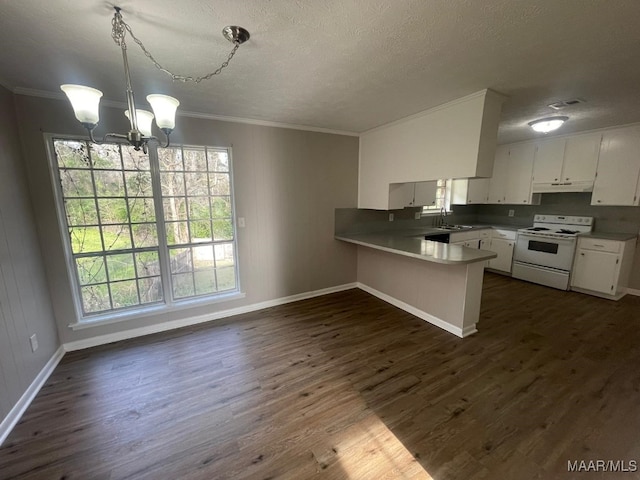 14 Azaleawood Dr, Wetumpka, AL 36093 - kitchen with white electric range oven, under cabinet range hood, a peninsula, a sink, and a chandelier