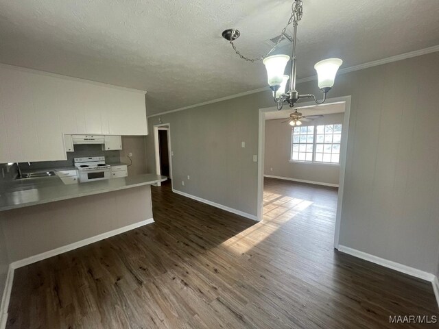 14 Azaleawood Dr, Wetumpka, AL 36093 - kitchen with white range with electric cooktop, white cabinets, a chandelier, dark wood-style flooring, and under cabinet range hood