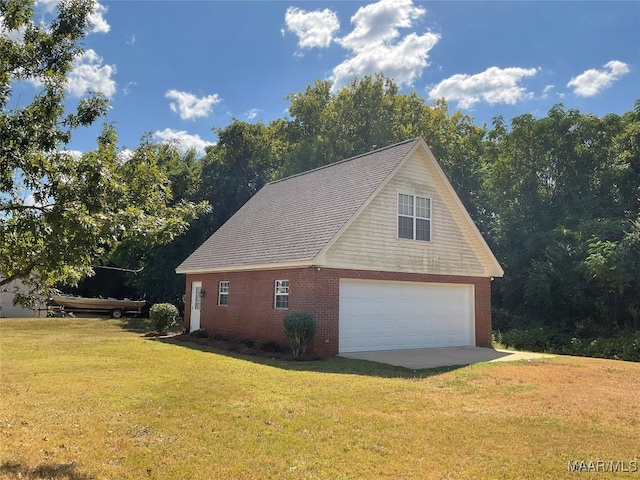 view of property exterior featuring a yard and a garage