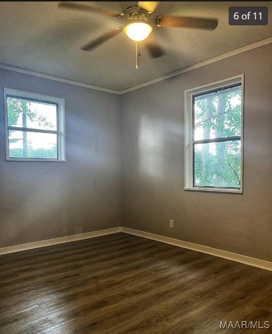 unfurnished room with dark hardwood / wood-style flooring, ceiling fan, and plenty of natural light