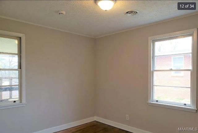 unfurnished room featuring a textured ceiling, crown molding, and a wealth of natural light