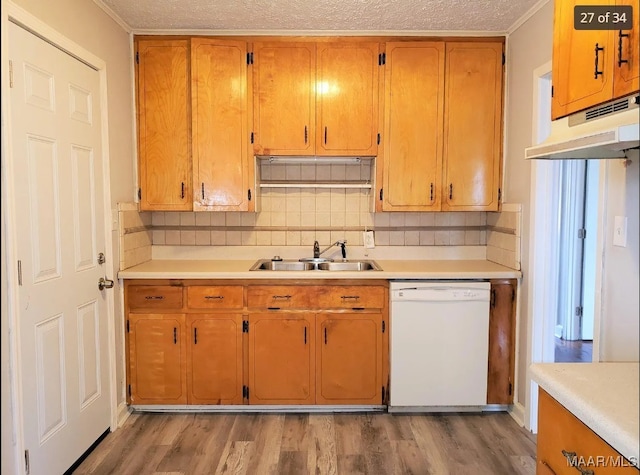 kitchen featuring light hardwood / wood-style floors, dishwasher, sink, and tasteful backsplash