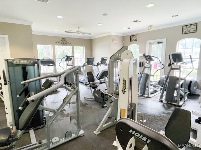 exercise room with ornamental molding and ceiling fan