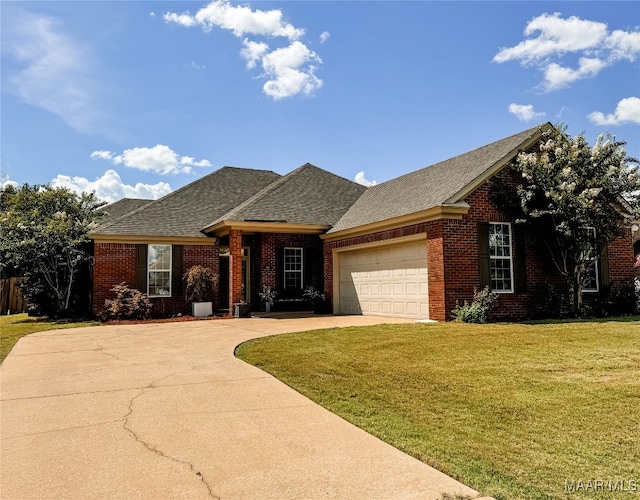 single story home with a garage and a front yard