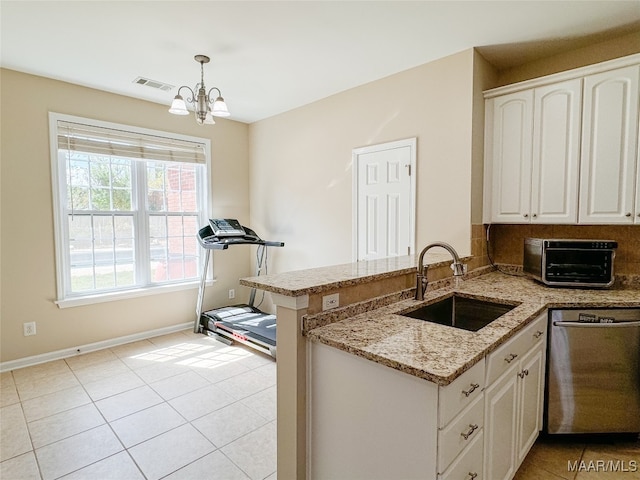 kitchen featuring decorative light fixtures, stainless steel dishwasher, sink, light stone counters, and white cabinets