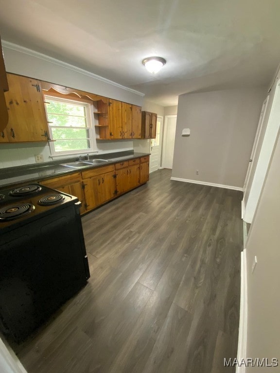 kitchen with sink, black electric range oven, and dark hardwood / wood-style flooring