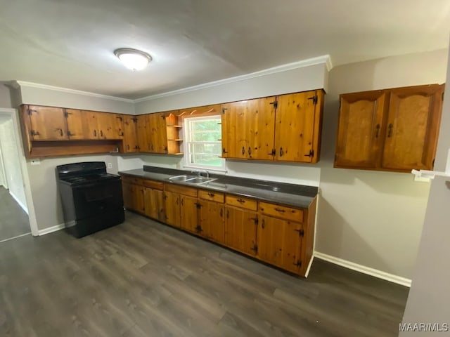 kitchen featuring ornamental molding, dark hardwood / wood-style floors, black / electric stove, and sink