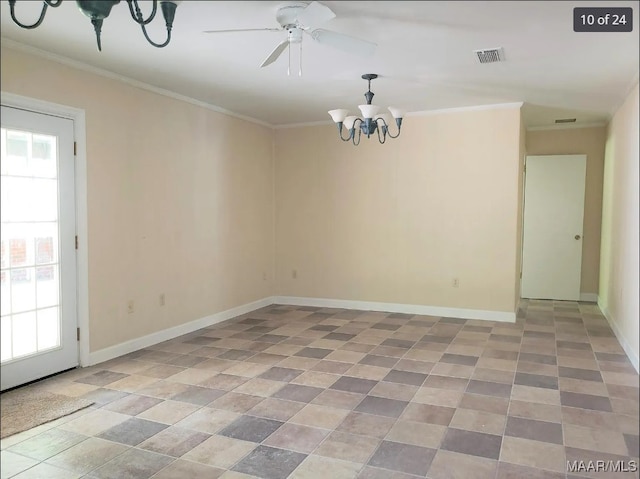 unfurnished room with ceiling fan with notable chandelier and crown molding