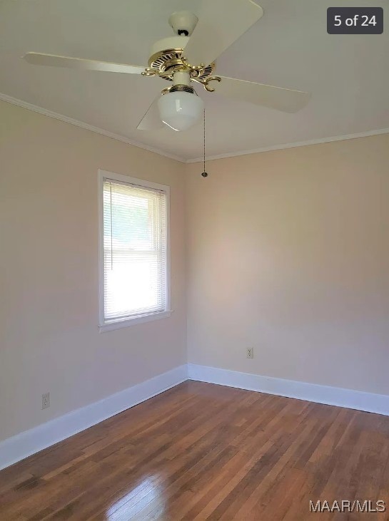 unfurnished room with ceiling fan, ornamental molding, and wood-type flooring